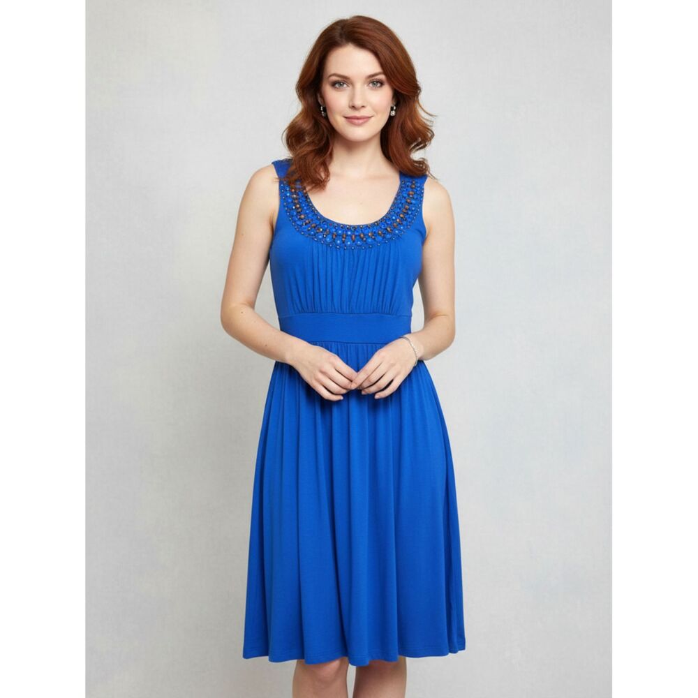 Soprano Blue Beaded Scoop Neck Fit & Flare Dress S Sleeveless Knee Length NWT